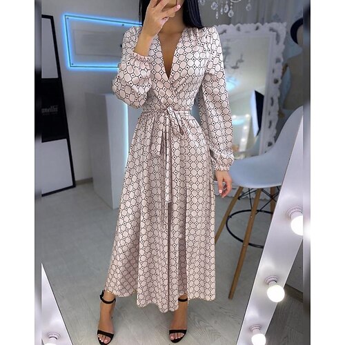 

Women's Casual Dress Swing Dress Long Dress Maxi Dress Gold Long Sleeve Geometric Patchwork Winter Fall Autumn V Neck Hot Winter Dress Fall Dress Loose Fit S M L XL