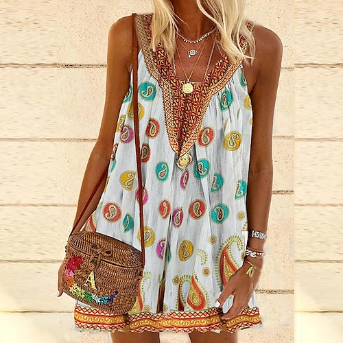 

Women's Tank Top Shirt Halter Crisscross Tank White Paisley Flowing tunic Print Sleeveless Daily Weekend Casual V Neck Long S