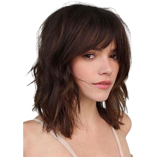 

Short Bob Wave Wig with Bangs Womens Wavy Wig Natural Looking Heat Resistant Synthetic Cosplay Wigs for Girl Party Costume Wig Extensions Dark Brown ChristmasPartyWigs