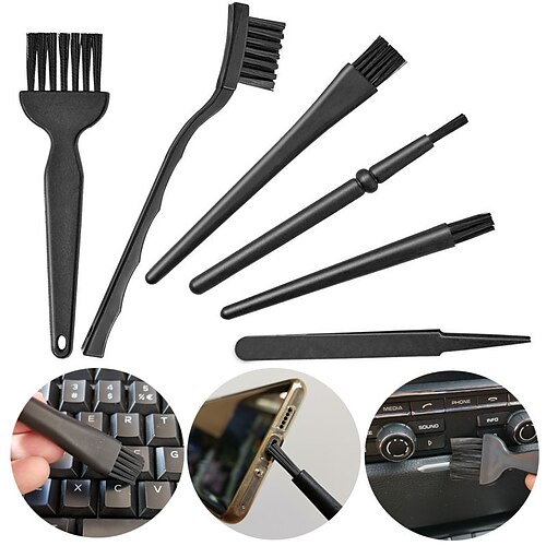 

6 in 1 Plastic Portable Handle Nylon Anti Static Brushes Cleaning Keyboard Brushes Kit Black Cleaning Accessories