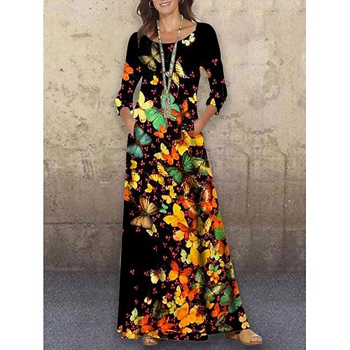 

Women's Shift Dress Long Dress Maxi Dress Black 3/4 Length Sleeve Animal Print Winter Fall Autumn Crew Neck S M L XL XXL 3XL