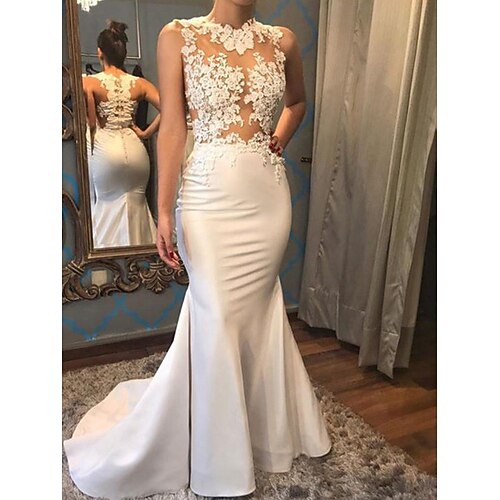 

Mermaid / Trumpet Wedding Dresses High Neck Sweep / Brush Train Lace Satin Sleeveless Romantic Sexy with Pleats Appliques 2022