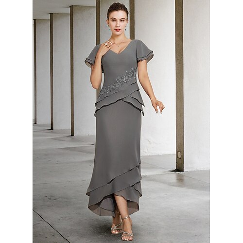 

Linjeform Kjole til brudens mor Elegant V-hals Ankellengde Chiffon Blonder Kortermet med Appliqué 2023