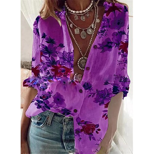 

Women's Blouse Shirt Purple Floral Print Long Sleeve Standing Collar Regular S
