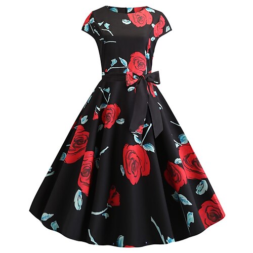 

Women's Casual Dress Swing Dress Midi Dress Red White Short Sleeve Floral Lace up Spring Summer Crew Neck Modern Weekend 2022 S M L XL XXL