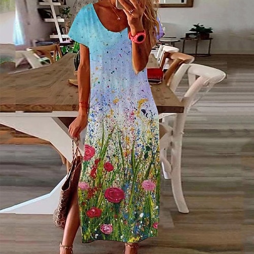 

Women's Shift Dress Long Dress Maxi Dress Light Blue chrysanthemum Little Red Flower Short Sleeve Floral Split Spring Summer Crew Neck Boom Sale Dress S M L XL XXL