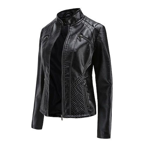 

Women's Faux Leather Jacket Street Daily Holiday Patchwork Single Breasted Basic Casual Regular Fit Outerwear Long Sleeve Winter Fall Black Pink Wine S M L XL XXL 3XL