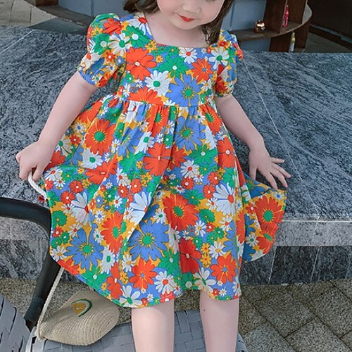 

Kids Girls' Dress Floral Knee-length Dress Tulle Short Sleeve Basic Dress 2-8 Years Summer Green