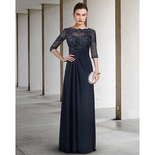 

Sheath / Column Mother of the Bride Dress Elegant Jewel Neck Floor Length Chiffon Lace Half Sleeve with Pleats Appliques 2022