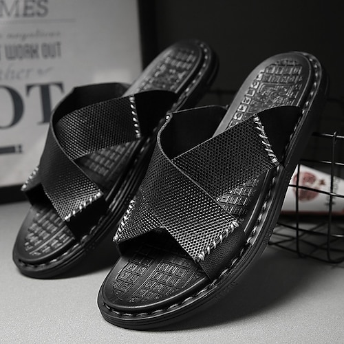 

Men's Slippers & Flip-Flops Flat Sandals Casual Daily Walking Shoes PU Breathable Non-slipping Wear Proof Black Summer