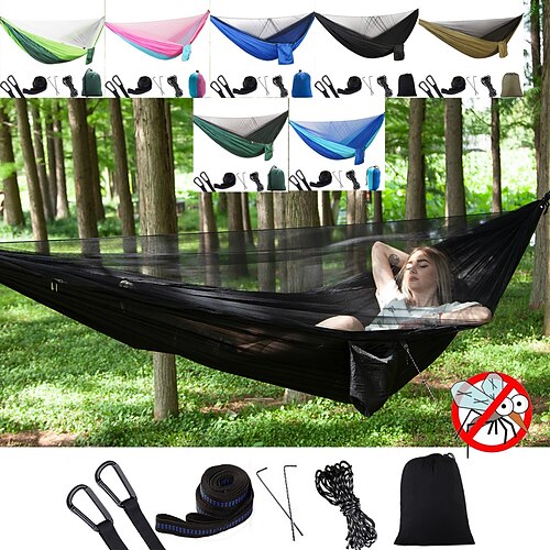 

Camping Hammock with Mosquito Net Double Hammock Outdoor Portable Anti-Mosquito Ultra Light (UL) Foldable Breathable Parachute Nylon with Carabiners and Tree Straps for 2 person Hunting Fishing Hiking