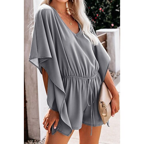 

Women's Playsuit Lace up Solid Color V Neck Casual Daily Going out Baggy Shorts Regular Fit Half Sleeve Butterfly Sleeve Black Red Blue S M L Summer