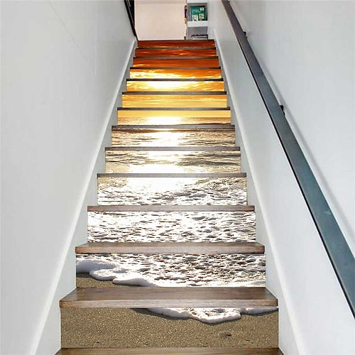 

18100CM Creative 3d Stickers 13 Pieces Of Seaside Staircase Stickers At Dusk Step Renovation Stickers Self-adhesive Pvc Removable Decorative Wall Stickers