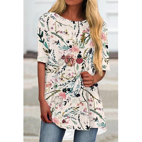 Women's T Shirt Dress Tee Dress Short Mini Dress Khaki Half Sleeve Floral Print Print Spring Summer Round Neck Casual 2022 S M L XL XXL 3XL