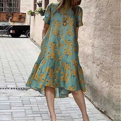 

Women's Casual Dress Swing Dress Midi Dress Green Red Gray Short Sleeve Floral Patchwork Spring Summer Crew Neck Linen S M L XL XXL 3XL 4XL 5XL