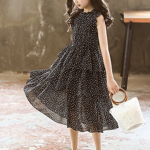

Kids Girls' Dress Polka Dot Maxi Dress Tulle Sleeveless Basic Dress 3-12 Years Summer Black
