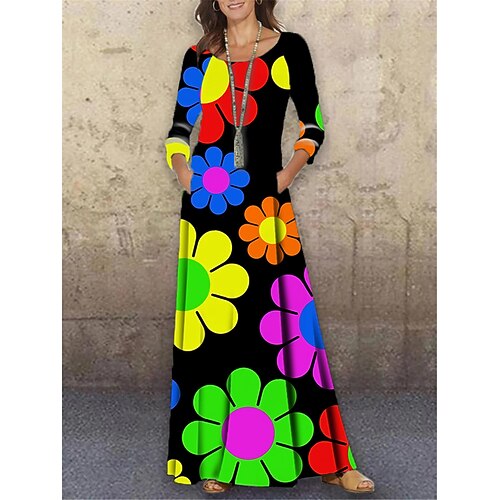 

Women's Shift Dress Long Dress Maxi Dress Black 3/4 Length Sleeve Floral Print Winter Fall Autumn Crew Neck S M L XL XXL 3XL