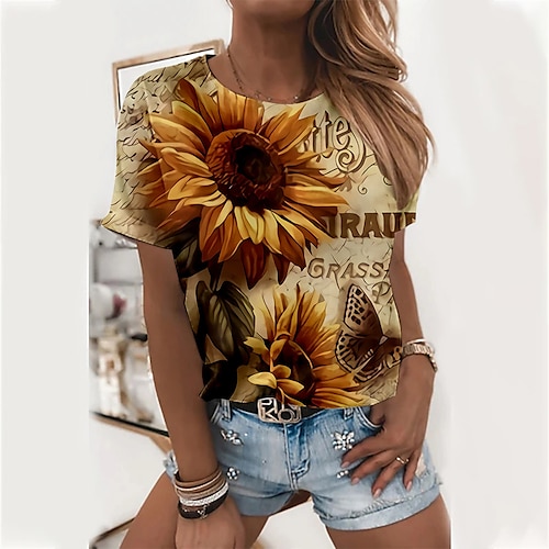 

Mulheres Camiseta Amarelo Laranja Verde Floral Spot de Luz Multi-Colorida Imprimir Manga Curta Diário Final de semana Básico Decote Redondo Padrão Tema Flores 3D Pintura S