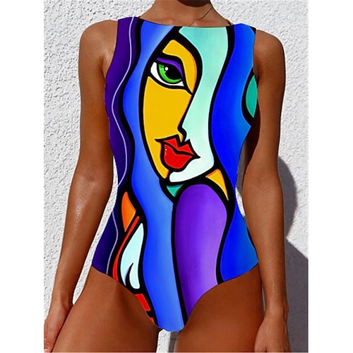 

Women's Swimwear One Piece Monokini Normal Swimsuit Tummy Control Slim Abstract Blue Strap Bathing Suits New Casual Sexy / Padded Bras
