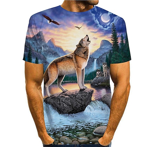 

Men's T shirt Tee Shirt Tee Wolf Graphic Prints Round Neck Blue 3D Print Daily Holiday Short Sleeve Print Clothing Apparel Designer Casual Big and Tall / Summer / Summer