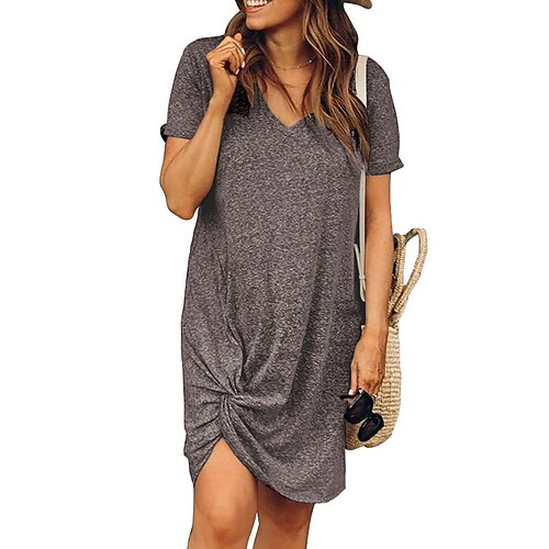 

Women's T Shirt Dress Tee Dress Midi Dress Blue Pink Light gray Short Sleeve Pure Color Ruched Spring Summer V Neck Boom Sale Dress S M L XL XXL 3XL