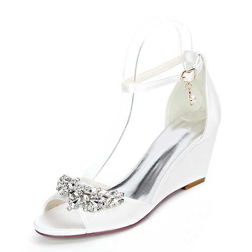 

Women's Wedding Shoes Ankle Strap Heels Wedding Sandals Bridal Shoes Rhinestone Imitation Pearl Wedge Heel Open Toe Satin Ankle Strap Solid Colored Silver Black Purple