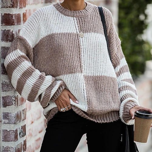 

Women's Pullover Sweater Jumper Ribbed Knit Knitted Hole Color Block Crew Neck Stylish Casual Daily Holiday Fall Winter Blue Gray S M L / Long Sleeve