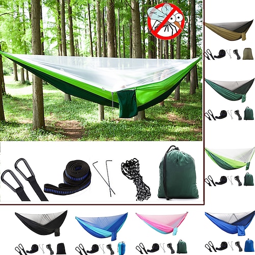 

Camping Hammock with Mosquito Net Double Hammock Outdoor Portable Lightweight Breathable Anti-Mosquito Ultra Light (UL) Mesh Parachute Nylon with Carabiners and Tree Straps for 2 person Fishing