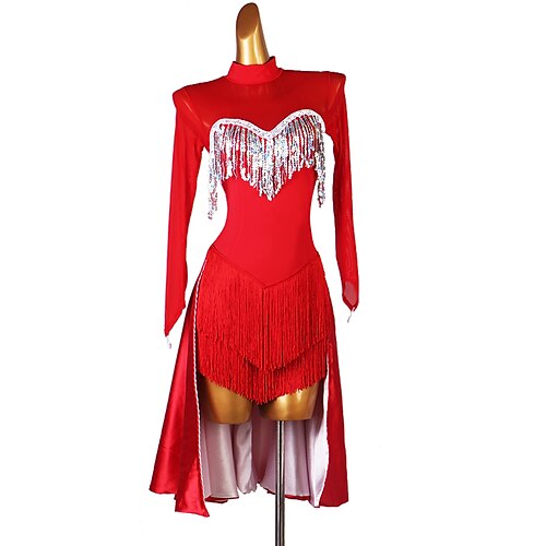 

Latin Dance Dress Tassel Paillette Women's Performance Long Sleeve Spandex