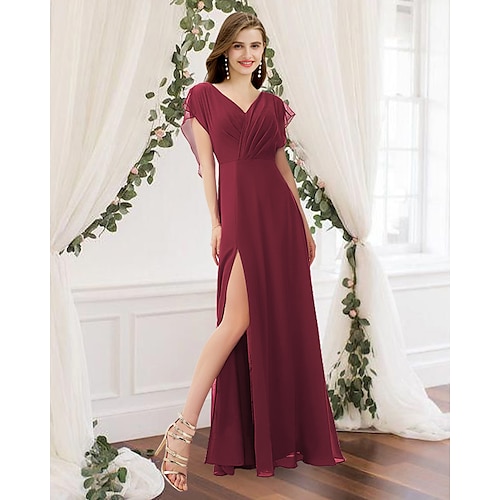 

A-Line Bridesmaid Dress V Neck Sleeveless Elegant Floor Length Chiffon with Pleats / Split Front 2022