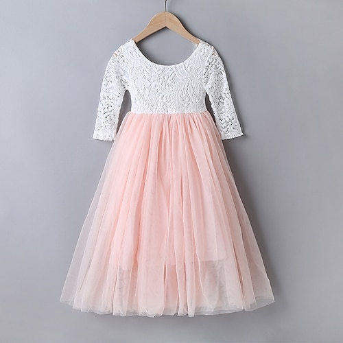 

Kids Girls' Tulle Lace Backless Dress Color Block Swing Dress Special Occasion Mesh White Maxi Long Sleeve Sweet Dresses Children's Day Regular Fit 4-12 Years