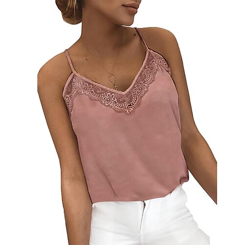 

Women's Tank Top Vest Plain Lace Trims V Neck Casual Streetwear Tops Pink