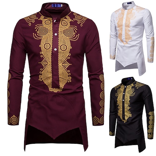 

Men's Shirt Other Prints Tribal Plus Size Standing Collar Daily Going out Print Long Sleeve Tops Ethnic Style Basic White Black Wine Party Wedding