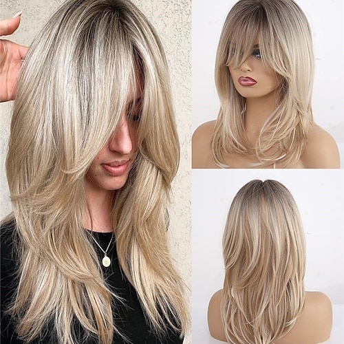 

Blonde Wigs for Women Brown Ombre Ashy Silver Wigs with Bangs Wavy Hair Synthetic Glueless Wigs for Women 18 Inch Lanova-137