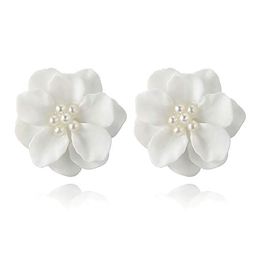 

cute camellia flower stud earrings,floral design white pearl beads stud earrings lightweight jewelry for women teen girls party daily wear (white)