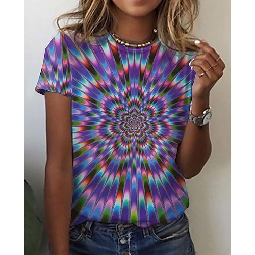 

Women's T shirt Tee Purple Graphic Optical Illusion Print Short Sleeve Daily Weekend Basic Round Neck Regular 3D Printed Geometric S