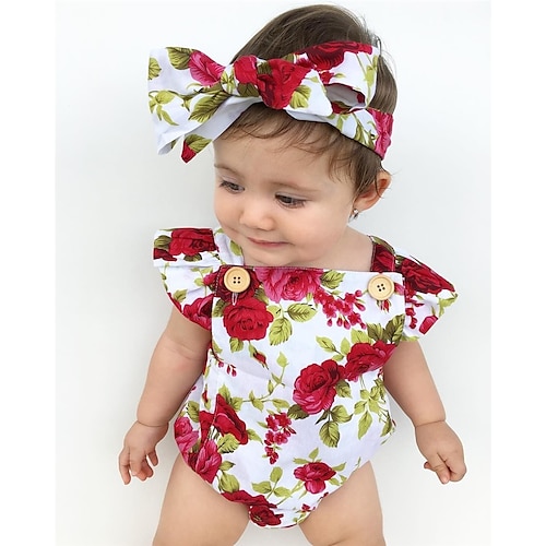 

Baby Girls' Romper Active Red Floral Print Short Sleeves / Toddler / Summer