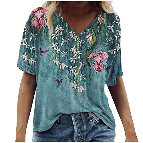 

women's summer short sleeve tunic tops v neck colorful floral printed tees shirt casual comfy blouses tops