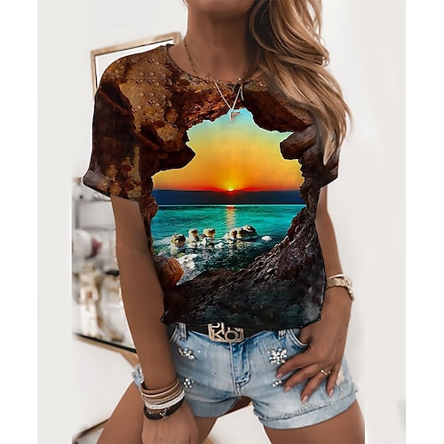 

Women's T shirt Tee Brown Scenery 3D Print Short Sleeve Daily Weekend Basic Round Neck Regular 3D Printed Painting S