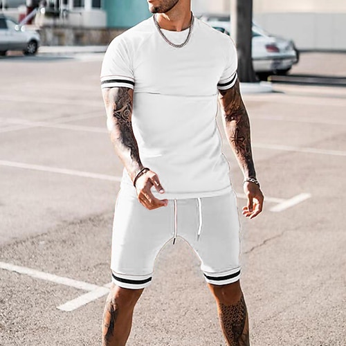 

Men's T-shirt Suits Tracksuit Tennis Shirt Shorts and T Shirt Set Set Solid Colored Round Neck White Daily Short Sleeve Patchwork 2 Piece Clothing Apparel Cotton Sports Designer Formal Casual