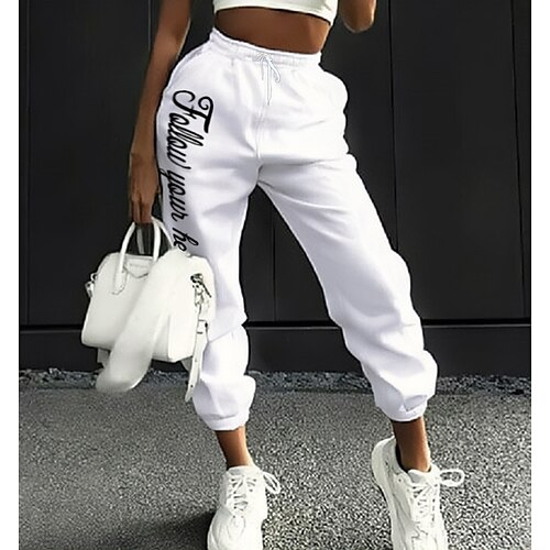 

Women's Sweatpants Cotton Blend Gray White Mid Waist Fashion Casual / Sporty Casual Weekend Pocket Print Micro-elastic Full Length Comfort Letter S M L XL XXL / Loose Fit