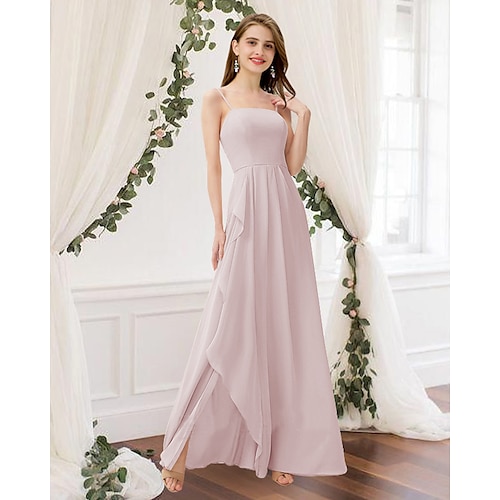 

A-Line Bridesmaid Dress Jewel Neck Sleeveless Elegant Floor Length Chiffon with Pleats 2022