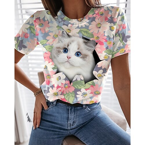 

Women's T shirt Tee Pink Floral Cat Print Short Sleeve Daily Weekend Basic Round Neck Regular Floral 3D Cat S / 3D Print