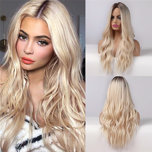 

C903 Natural Long Wavy Wig for Women Ash Blonde Ombre Wig with Brown Roots Middle Parting Heat Resistant Synthetic Wig for Cosplay Halloween ChristmasPartyWigs