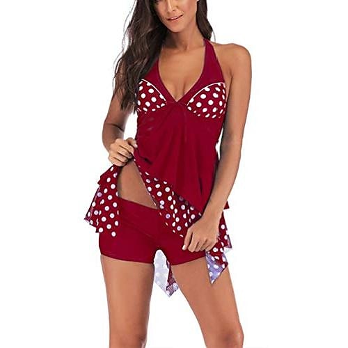

two pieces polka dot swimsuit skirt holiday boxer shorts plus size tummy control bikini swimwear rose red