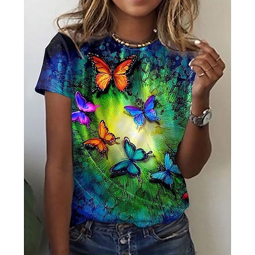 

Women's T shirt Tee Graphic Patterned Butterfly Daily Weekend Butterfly Painting T shirt Tee Short Sleeve Print Round Neck Basic Essential Blue S / 3D Print