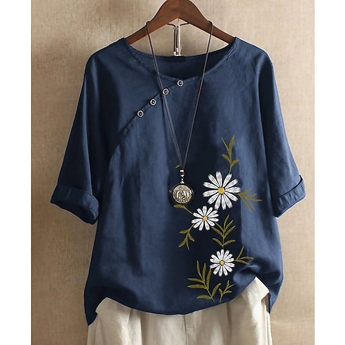

Женская рубашка-блузка из хлопка и льна на каждый день для отпуска с цветочным принтом и пуговицами бордового цвета с короткими рукавами, повседневная, удобная, с круглым вырезом, лето-весна