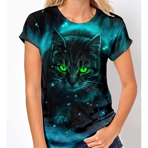 

Women's T shirt Tee Navy Blue Animal Cat Print Short Sleeve Daily Weekend Basic Round Neck Regular 3D Cat S / 3D Print