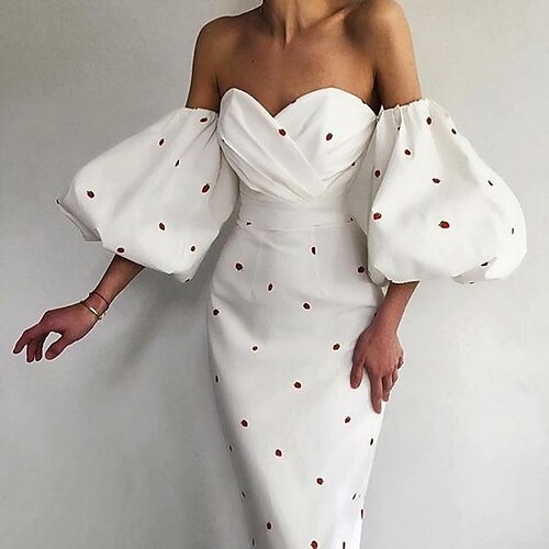 Women's Party Dress Sheath Dress Semi Formal Dress Midi Dress Black White Half Sleeve Polka Dot Ruched Fall Spring Summer Strapless Fashion Party Christmas Birthday 2022 S M L XL