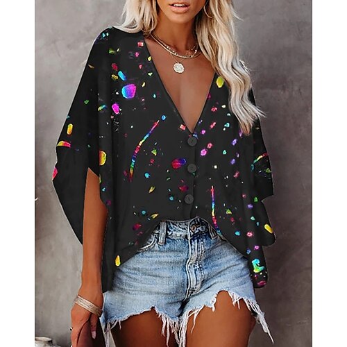 

Women's Trench Coat Casual Jacket Daily Holiday Spring Summer Regular Coat V Neck Loose Fit Casual Jacket Half Sleeve Floral Tie Dye Print Green Black Blue